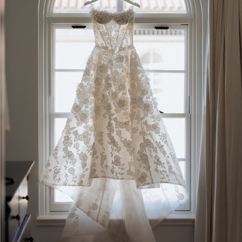 Strapless Floral Lace A-Line Wedding Dress in Ivory - Picture 2 of 7